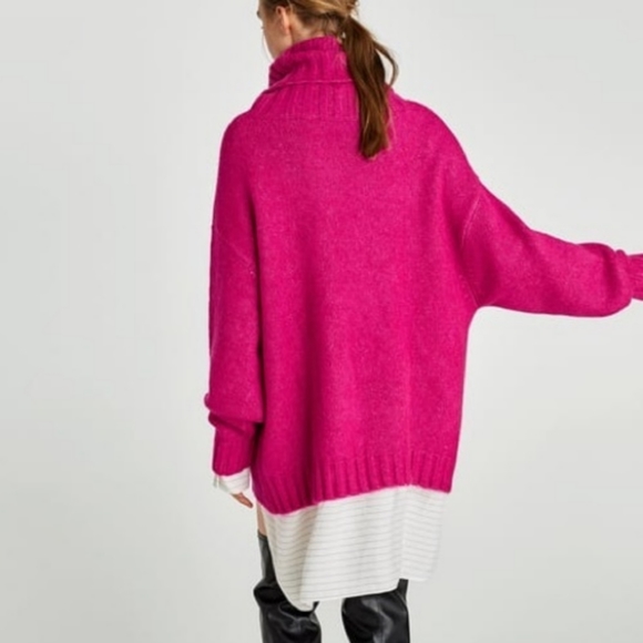 Zara Pink Oversized Ribbed Faux Fur Turtleneck Alpaca Knit Sweater - Picture 4 of 11